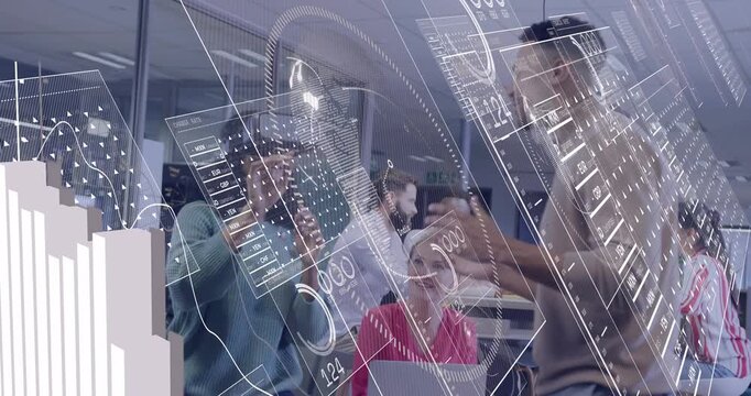 Headset user manipulating AR controls, laptop analyst viewing charts lead explaining for tech test