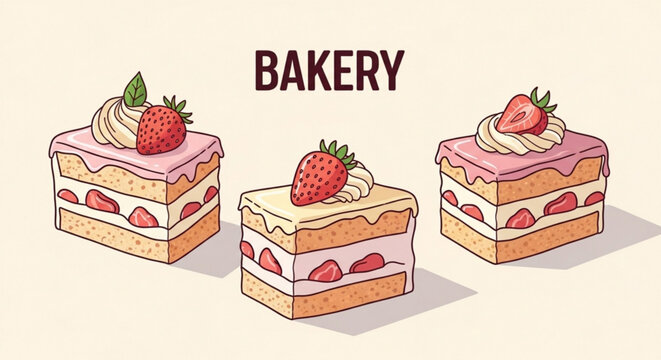 Three layered cakes with strawberries and cream on top bakery dessert display