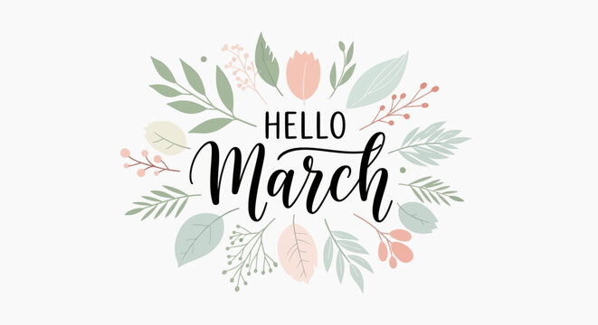 Hello March Floral Greeting Card Design.