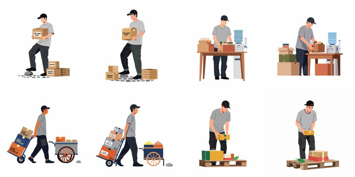 Illustration set of a man preparing, packing, and distributing Sahur meals and pre-dawn feast packages, showcasing logistics and charitable food delivery.