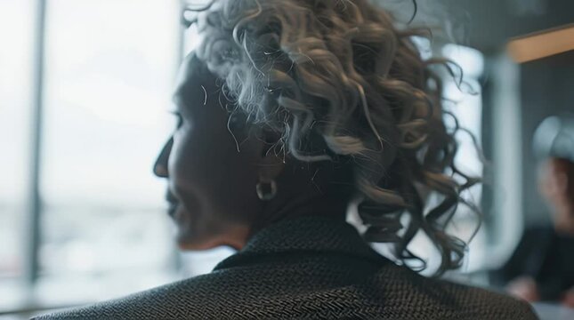 Elegant businesswoman with a distinguished silver hairstyle in a professional setting