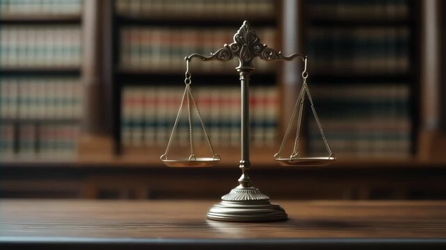 bronze scale of justice in the center with softly blurred courtroom decor and legal books background