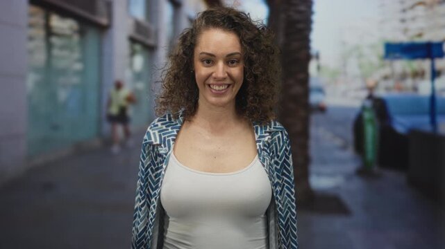 Young hispanic woman smiling with hands pressed together in prayer gesture on busy city street; gratitude joy.