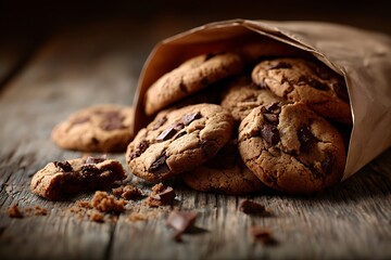 Fototapeta premium Delicious chocolate chip cookies spill invitingly out of a crumpled brown paper bag onto a weathered wooden table surface.