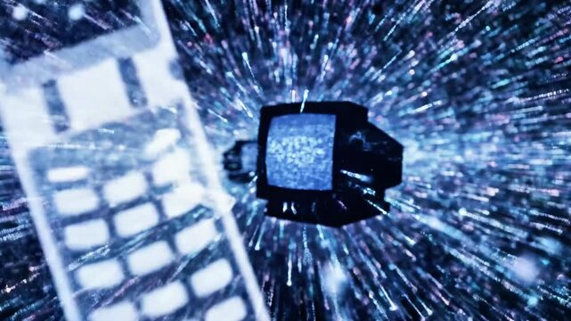 A close-up of a vintage television and a cell phone with a blue-tinted sports field on their screens, surrounded by a burst of digital pixels