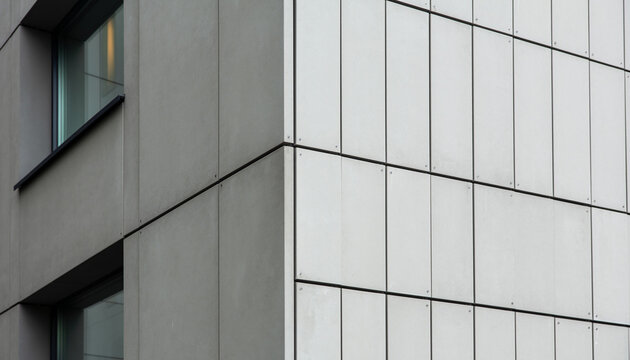 Close-up of a modern Scandinavian building facade featuring gray matte composite panels with precise geometric alignment and clean architectural lines.