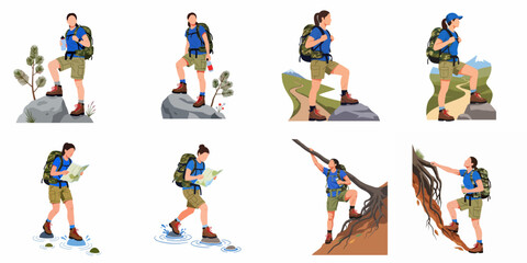 Diverse female hiker illustration set depicting various outdoor adventures, including mountain trekking, river crossing, map reading, and climbing, showcasing an active lifestyle. © Nadhirotul