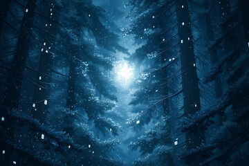 Obraz premium Teal Digital Forest Canopy with Christmas Tree Silhouette Golden Particles and Glowing Screens 