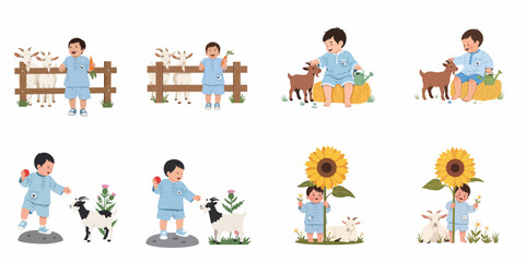Fototapeta premium Joyful Little Boy Interacting with Goats on a Farm: A Collection of Childhood Moments.