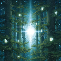 Obraz premium Symmetrical Digital Forest with Starburst Center Blue Green Night Technology Cables and Screens 