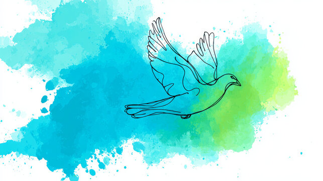 An illustration of abstract vector flat one line art. Animal silhouettes of birds or doves in a continuous line with a background splash of vibrant blue and green. sign of peace. Conceptualisation of 