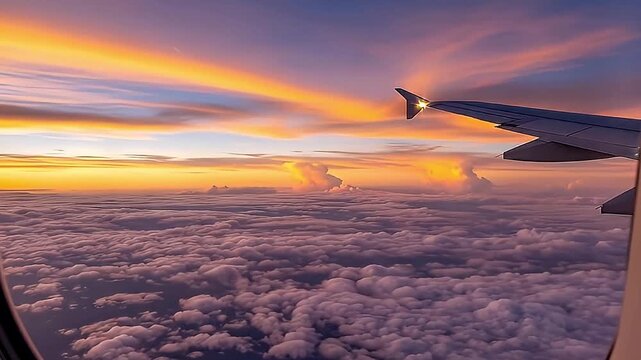 A breathtaking aerial view from an aircraft window captures a stunning sunset above a vast sea of fluffy clouds. The sky is painted with vibrant hues of orange, yellow, purple, and blue, creating a ma
