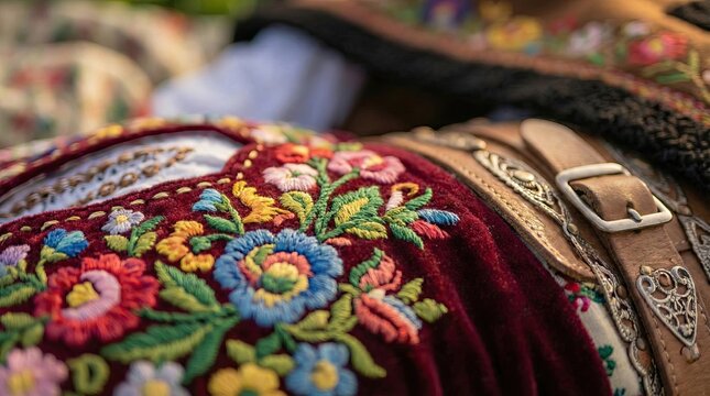 Embroidered Podhale highlander vest with a leather belt. Folk costume detail from Zakopane in the Tatras.