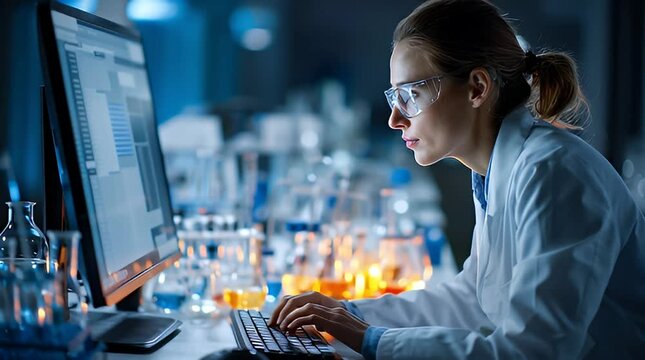 Scientist working on computer in laboratory setting surrounded by equipment and experiments