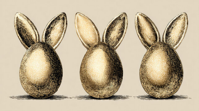 Happy Easter, gold eggs. A pair of rabbit ears. Hand-drawn illustration