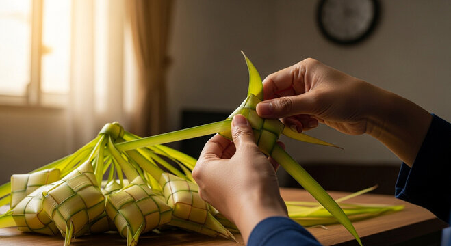 Image of a pair of hands weaving ketupatWeaving Traditional Ketupat Rice Cake for Eid Celebration