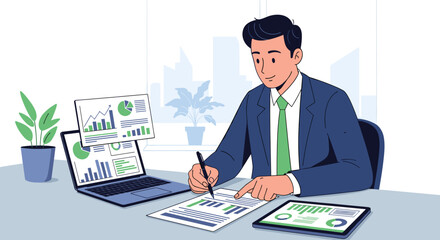 Businessman Analyzing Financial Data on Documents.