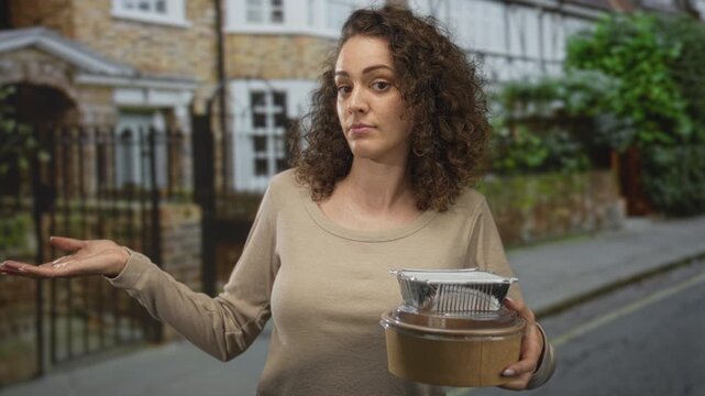 Young hispanic woman holding takeaway food containers with hand palm up shrugging gesture on street outside house gate; indifference waiting.