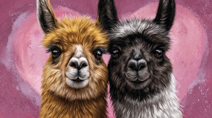 Fototapeta premium Two fluffy llamas snuggle closely with gentle smiles against a soft heart backdrop, creating a whimsical, affectionate scene perfect for cards, posters, or playful merch designs.