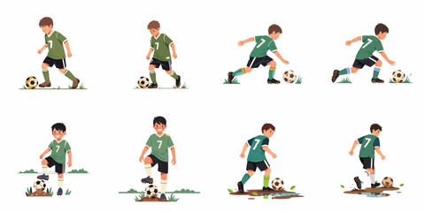 Collection of young boy soccer player illustrations in various action poses, dribbling and standing with a football on different terrains like grass, dirt, and mud puddles.