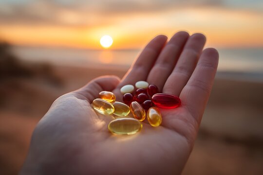Person holding colorful vitamin capsules and supplements in an open palm against a bright, blurred sunset backdrop near the ocean shore.