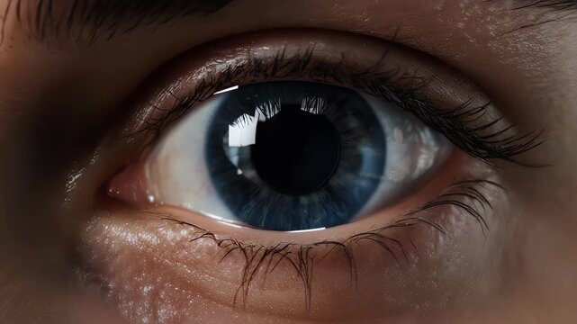 A human blue eye reacts to a bright light. The pupil constricts rapidly, then slowly dilates as the light fades. Hyper-realistic iris textures, 8k, sharp focus.