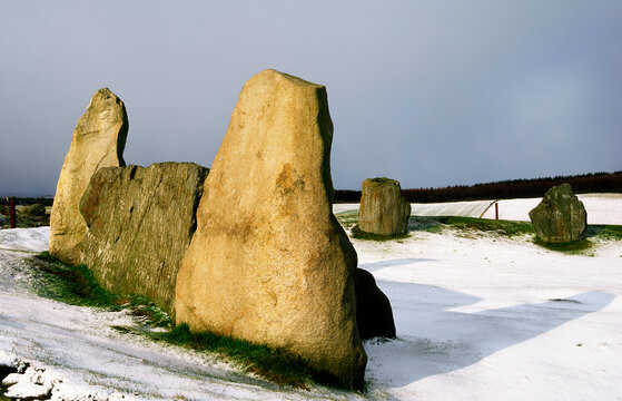 Easter Aquhorthies prehistoric recumbent stone circle near Inverurie, Scotland. Recumbent stone and flankers in original situ
