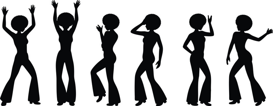 Vintage 1970s Dance Move Graphics, Energized Funk and Soul Dancers, vector, illustration, silhouette.