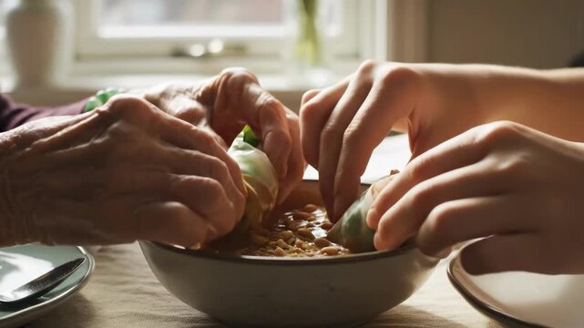 Hands dipping spring rolls into peanut sauce in a bowl indoors