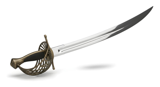 An antique steel sword with a sharp metal blade and wooden handle is isolated on a white background as a vintage hunting weapon and ancient cutting tool