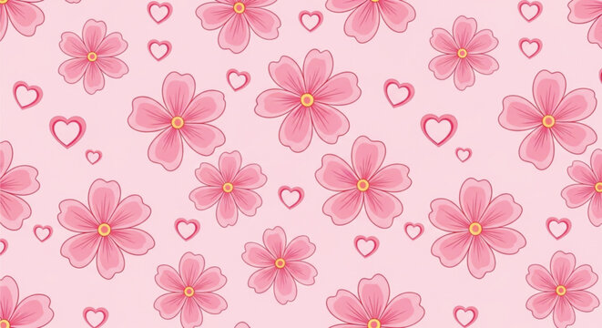 Seamless Pink Floral and Heart Pattern Romantic Background