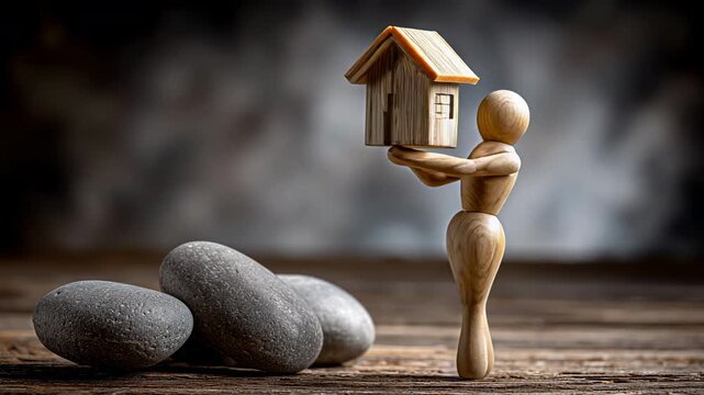 Wooden figure holding model house pebble stone surface balance conveys home stability and caring protection shelter comfort and peaceful composition