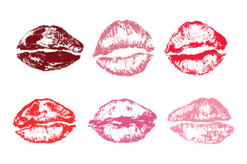 Set of lipstick kiss print Different shapes and colors imprint of lips Red pink female sexy lips makeup Design elements for beauty fashion poster Valentines Day wedding