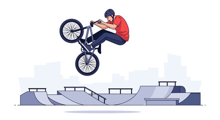 Fototapeta premium BMX rider performing a trick mid-air above a skatepark.