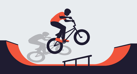 Fototapeta premium BMX Rider Jumps Ramp with Shadow and Rail - Extreme Sports Silhouette