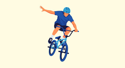 Naklejka premium BMX rider performing aerial trick on bike, isolated on cream background, active lifestyle