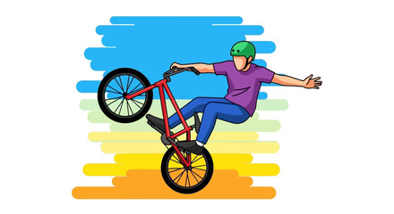 Naklejka premium BMX rider performs a wheelie trick with arms outstretched against a colorful background