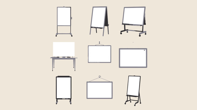 Collection of 9 stylized blank display boards on easels and stands in a neutral environment viewed from the front