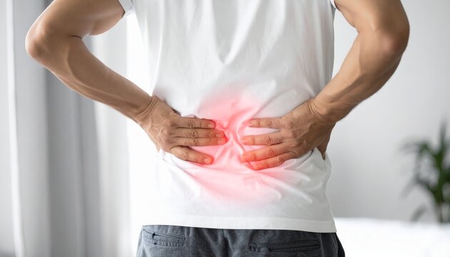 Man suffering from severe lower back pain, highlighting discomfort and need for relief.