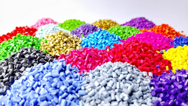 Colorful masterbatch granule, mix color polypropylene polymer granules, cold cutting type granule texture, isolated on white background, for industrial plastic company profile product catalog design