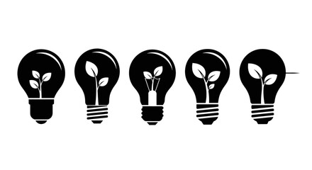 Light bulbs each containing a growing plant symbolize the concepts of innovation, sustainability, and renewable energy.