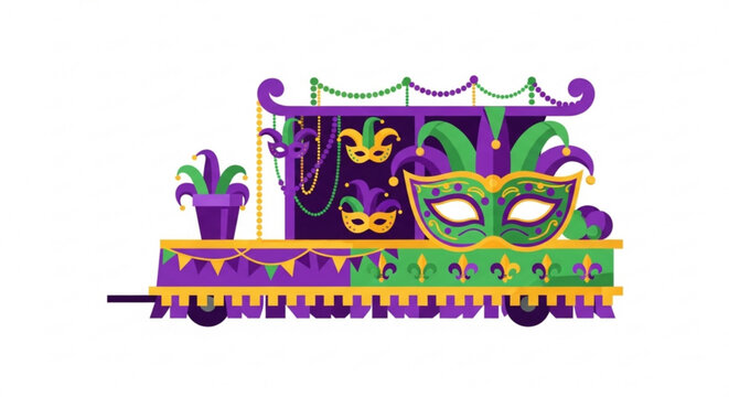 Vibrant mardi gras parade float with colorful masks and decorations on a festive train car
