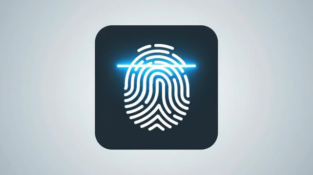 A biometric fingerprint icon with a blue scanning line across white ridges on a dark rounded square on a light gradient background