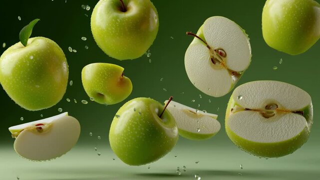 Green apple slice floating in water with droplet, fresh fruit slices suspended midair, vivid crisp green apple wedges buoyant