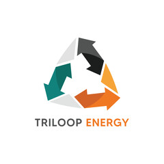 Modern three-part arrow rotation logo for an innovative zero waste circular economy startup called Triloop Energy