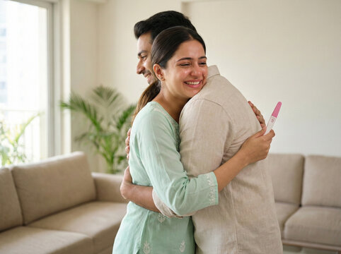 young indian couple celebrating positive pregnancy test with two pink lines symbolizing fertility conception family planning and happy parenthood journey concept