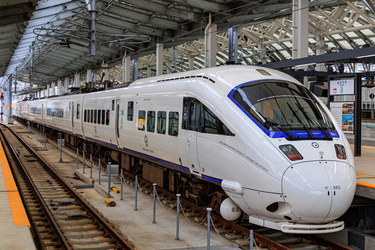 Nagasaki, Nagasaki Japan - 2022 February 12: A JR Kyushu 885 series "Kamome" limited express train stopped at the platform of Nagasaki Station.