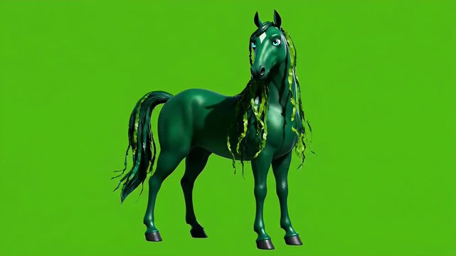 Fantasy Green Horse with Elaborate Braided Mane and Tail Standing on Green Screen for Visual Effects
