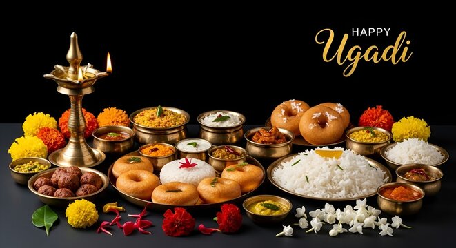 South indian festive snacks and dishes with brass diya lamp for happy ugadi day