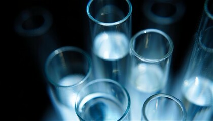 暗闇に青く浮かび上がる試験管の俯瞰ショット